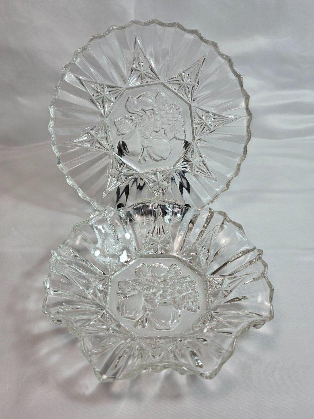 Federal Glass Pioneer Lunch Plate & Crimped Bowl Clear Pressed Fruit Design 8 in